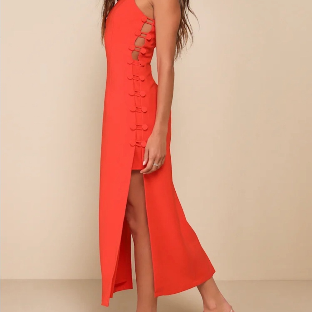 Lulu's Masterfully Mod Bright Orange Side Button Midi Dress